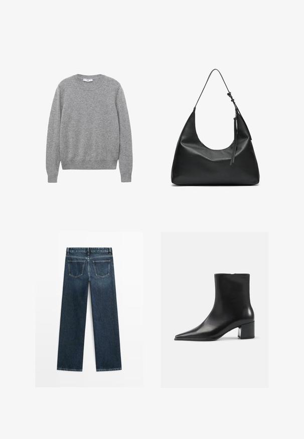 Beige trenchcoat met dubbele knopen, brede kraag, ceintuur in de taille en lange mouwen. Heeft een gemusterde stof en knoopaccenten.; Grijze wollen trui met een ronde hals, lange mouwen en ribgebreide manchetten en zoom. De textuur lijkt zacht en lichtjes gestructureerd.; Donkerblauwe spijkerbroek met een rechte snit, voorzien van twee achterzakken en zichtbare stiksels langs de naden en randen.; Zwarte leren enkellaars met een spitse neus, een soepele textuur en een middenblokhak. Minimalistisch ontwerp, ritssluiting aan de achterkant.; Zwarte leren schoudertas met een gebogen vorm, gladde textuur en een lange verstelbare strap. Bevat een subtiele knoopdetail en heeft een minimalistisch ontwerp.