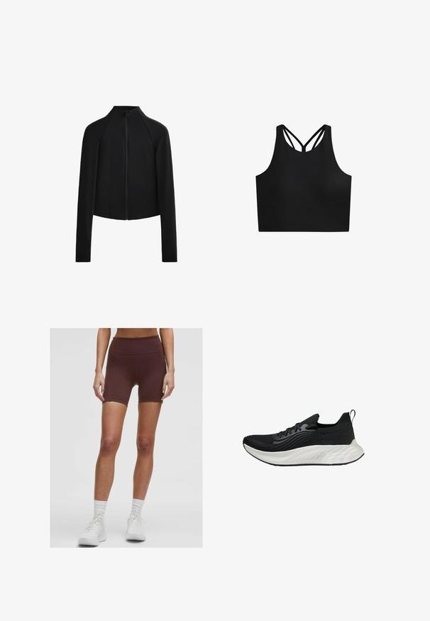 Zwarte cropped jack met een hoge kraag en lange mouwen, voorzien van een rits aan de voorkant en zichtbare stiksels. Glad, rekbaar materiaal.; Zwarte sportieve crop top met een gladde textuur, uitgerust met een hoge halslijn en dubbele kruislings straps op de rug. Eenvoudig, functioneel ontwerp.; lululemon Swift Speed High-Rise 15cm - Shorts - goodnight plum; Zwarte sportieve schoen met een gestructureerde bovenkant, een witte gewatteerde zool en subtiele branding. Voorzien van een trekhaak en vetersluiting.