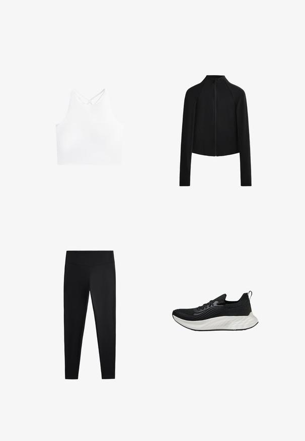 Zwarte cropped jack met een hoge kraag en lange mouwen, voorzien van een rits aan de voorkant en zichtbare stiksels. Glad, rekbaar materiaal.; Witte sportieve crop top met een hoge halslijn en dubbele kruislings strapjes op de rug, met een gladde, rekbare stoftextuur.; Zwarte leggings van gladde, rekbare stof. Voorzien van een brede tailleband en een taps toelopend pootdesign, geschikt voor actieve of casual kleding.; Zwarte sportieve schoen met een gestructureerde bovenkant, een witte gewatteerde zool en subtiele branding. Voorzien van een trekhaak en vetersluiting.