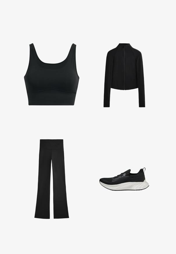 Black cropped jacket with a high neck and long sleeves, featuring a front zipper and visible stitching details. Smooth, stretchy fabric.; Black sports bra made of smooth fabric, featuring a scoop neck, wide straps, and seamless design with a curved hemline.; Black flared pants made of stretchy fabric, featuring a high waistband and smooth texture, with no visible patterns or hardware details.; Black athletic shoe with a textured upper, a white cushioned sole, and subtle branding. Features a pull tab and lace-up closure.