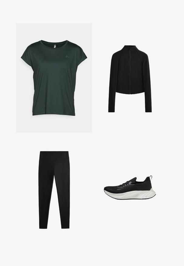 Jachetă neagră scurtă cu guler înalt și mâneci lungi, având un fermoar frontal și detalii de cusătură vizibile. Material neted și elastic.; ONLY Play ONPAUBREE LIFE ON BAT LOOSE - Bluză sport - scarab; Colanți negri realizați dintr-un material neted și elastic. Prezintă o talie lată și un design cu picioare conice, potriviți pentru activități sportive sau purtat casual.; Pantofii sport negri au un superior texturat, o talpă albă căptușită și branding subtil. Dispun de un tab de tragere și închidere cu șiret.