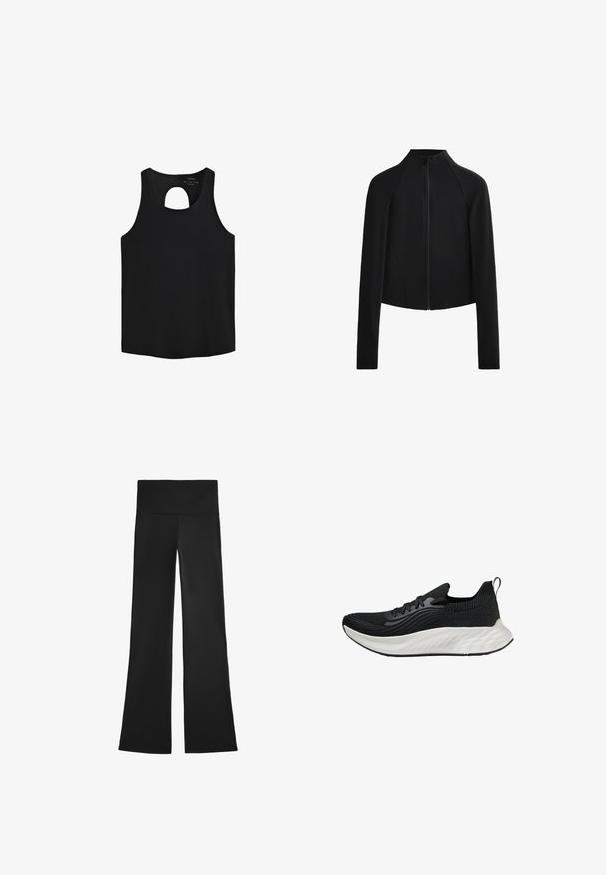 Giacca nera cropped con collo alto e maniche lunghe, dotata di zip frontale e dettagli di cucitura in vista. Tessuto liscio e elastico.; Top senza maniche nero realizzato in un tessuto morbido, con un'apertura rotonda sulla schiena e un orlo dritto. Design semplice senza ulteriori motivi.; Pantaloni neri a palazzo realizzati in tessuto elasticizzato, con una vita alta e una texture liscia, privi di motivi visibili o dettagli in metallo.; Scarpe sportive nere con tomaia testurizzata, suola bianca ammortizzata e branding discreto. Presentano un'utilità per il tallone e chiusura con lacci.