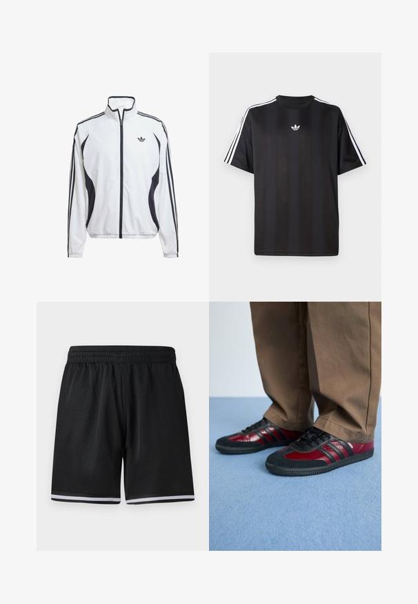 White track jacket made of lightweight fabric, featuring black side accents, three black stripes on sleeves, and a small logo on the chest.; Black short-sleeve t-shirt with white three-stripe detailing on shoulders and a small white logo on the chest. Smooth fabric texture.; Black mesh athletic shorts with an elastic waistband, featuring white stripes along the hem for added detail. Lightweight and breathable material.; Black and burgundy athletic shoes with leather and suede materials, featuring black laces and three black stripes on the side. Rubber sole.