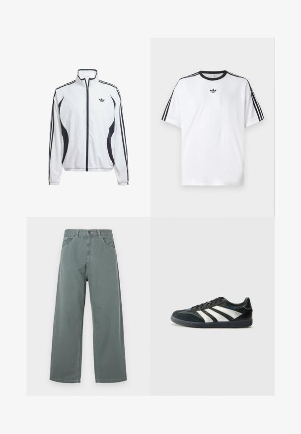 Casaco de pista branco feito de um tecido leve, com pequenos detalhes pretos nas laterais, três riscas pretas nas mangas e um pequeno logótipo no peito.; Camiseta branca em algodão, com gola redonda preta e três riscas pretas em cada ombro. Pequeno logótipo preto no peito.; Calças de perna larga em algodão verde suave, apresentando uma cintura clássica, passantes para cinto, bolsos frontais e detalhes em costura contrastante.; adidas Performance PREDATOR FREESTYLE JUDE INDOOR FOOTBALL SHOES - Botas de futebol de salão - core black/silver-coloured/glory blue