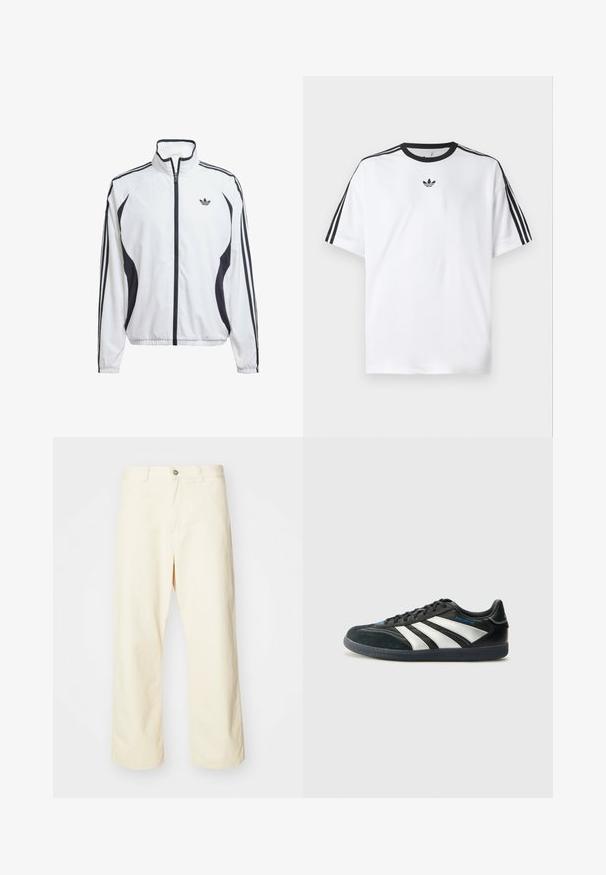 Weiße Trackjacke aus leichtem Material, mit schwarzen seitlichen Akzenten, drei schwarzen Streifen auf den Ärmeln und einem kleinen Logo auf der Brust.; Weißes T-Shirt aus Baumwolle mit einem schwarzen, runden Halsausschnitt und drei schwarzen Streifen auf jeder Schulter. Kleines schwarzes Logo auf der Brust.; Cremfarbene, weite Stoffhosen aus Baumwolle mit Knopfverschluss, Gürtelschlaufen und genähtem Saum. Glatte Textur, keine sichtbaren Muster.; adidas Performance PREDATOR FREESTYLE JUDE INDOOR FOOTBALL SHOES - Indoor-Fußballschuhe - core black/silver-coloured/glory blue