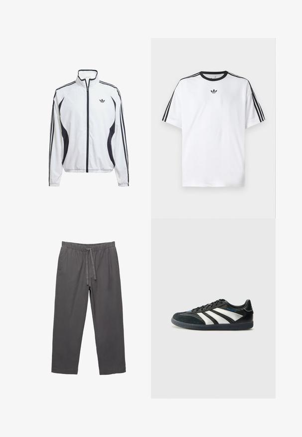 Witte sportjack gemaakt van lichtgewicht stof, met zwarte zijaccenten, drie zwarte strepen op de mouwen en een klein logo op de borst.; Witte T-shirt van katoen, met een zwarte ronde halslijn en drie zwarte strepen op elke schouder. Klein zwart logo op de borst.; Grijze, lichte broeken met een elastische tailleband en trekkoord. Beschikt over taps toelopende pijpen en een gladde, licht gewilde stof.; adidas Performance PREDATOR FREESTYLE JUDE INDOOR FOOTBALL SHOES - Zaalvoetbalschoenen - core black/silver-coloured/glory blue