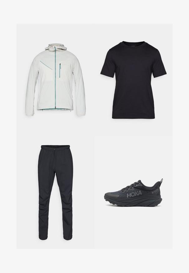 Bela lahka jakna z zapiranjem na zadrgo spredaj, elastičnimi manžetami in kapuco. Ima stranske in prsne žepe z kontrastnimi modrimi zadrgami.; Črna majica z kratkimi rokavi, izdelana iz gladkega materiala, z okroglo izrezanem ovratnikom. Diskretno logotip je natisnjen v črni barvi na prsih.; Črne lahke hlače z elastičnim pasom, zapiranjem na vrvico in ozkimi nogami. Narejene so iz vodoodpornega materiala z gladko strukturo.; Črne tekaške čevlje Hoka z mrežasto zgornjim delom, teksturiranimi podrobnostmi in debelim, oblazinjenim podplatom s koničastimi robovi za izboljšano podporo.