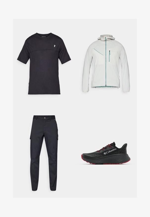 White lightweight jacket with a zippered front, elastic cuffs, and a hood. Features side and chest pockets with contrasting blue zippers.; Peak Performance TRAIL - Print T-shirt - black; Navy cargo pants in durable fabric, featuring a button closure, five pockets, and tapered legs with slight texture.; Black athletic shoe with textured upper, red laces, and logo. Thick sole with patterned tread for traction. Minimalist design, side view.