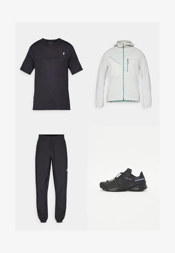 Hvit lett jakke med glidelås foran, elastiske mansjetter og hette. Har sidelommer og brystlomme med kontrasterende blå glidelåser.; Peak Performance TRAIL - T-shirts med print - black; Sorte idrettsbukser laget av lett stoff, med snor i livet, sidelommer og smale mansjetter ved anklene.; Svart trail-løpesko med teksturert overdel, elastiske lisser og Contagrip yttersåle. Har en tett passform og beskyttende tåhette.