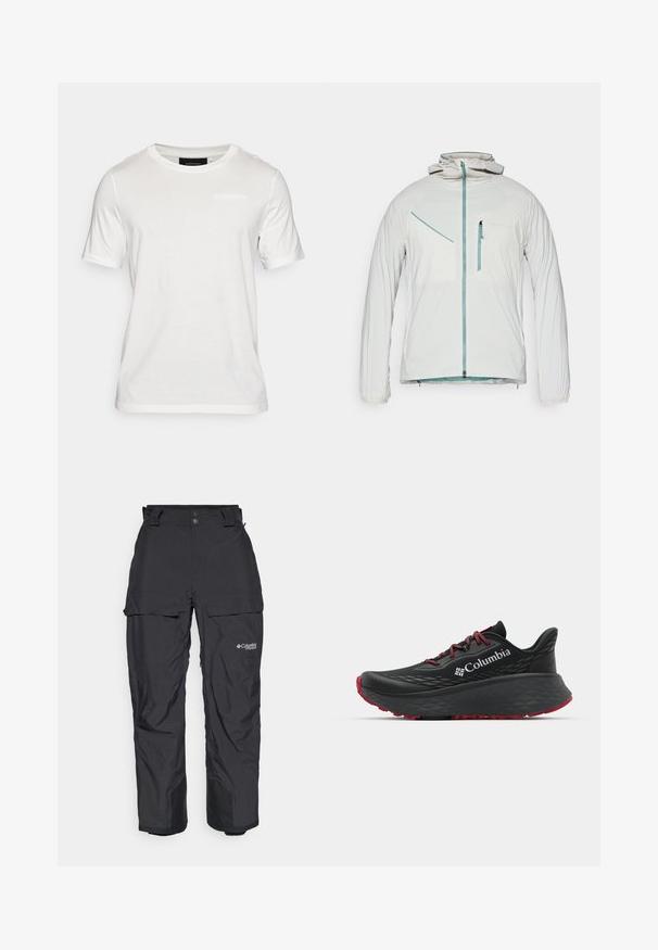 White lightweight jacket with a zippered front, elastic cuffs, and a hood. Features side and chest pockets with contrasting blue zippers.; White short-sleeve t-shirt made of soft fabric. Features a round neckline and a subtle branding detail in the center front.; Black waterproof outdoor pants featuring a relaxed fit, adjustable waistband, side cargo pockets, and reinforced ankle cuffs.; Black athletic shoe with textured upper, red laces, and logo. Thick sole with patterned tread for traction. Minimalist design, side view.