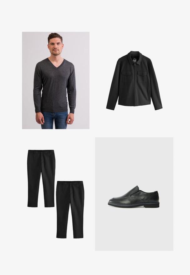 Schwarze Jacke mit geradem Schnitt, featuring einen Kragen, einen Frontreißverschluss und zwei Brusttaschen. Glattes Gewebe mit matter Oberfläche.; CASH-MERE V-AUSSCHNITT - Strickpullover - grey; Schwarze maßgeschneiderte Hosen mit glatter Textur, gerade Beine und mittlere Taille. Zwei Paare dargestellt, eines cropped.; Schwarze Leder-Slipper mit glattem Obermaterial, gesteppten Akzenten, runder Zehenpartie und niedrigem Gummiabsatz. Die Sohle hat ein minimales Profil.