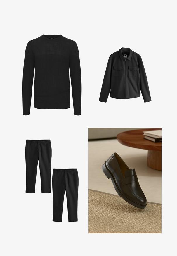 Fekete kabát egyenes szabással, gallérral, elől cipzárral és két mellzsebbe. Simító anyag matt felülettel.; Fekete kötött pulóver kerek nyakkal, textúrált felső résszel és bordázott mandzsettával, valamint aljjal. Puha, meleg anyagból készült.; Fekete szabott nadrág sima textúrával, egyenes lábbal és közepes derékkal. Két pár látható, az egyik cropped fazonú.; Fekete bőr mokaszin sima felülettel, lekerekített orral és dekoratív pánttal a felső részen. Alacsony gumitalp, texturált felületen elhelyezve.