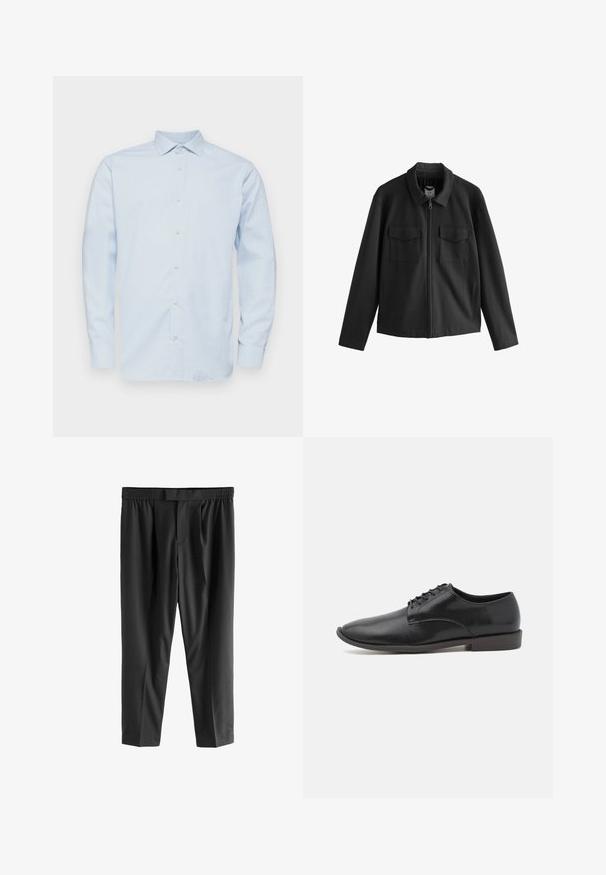 Fekete kabát egyenes szabással, gallérral, elől cipzárral és két mellzsebbe. Simító anyag matt felülettel.; Világoskék, hosszú ujjú ing, hegyes gallérral, gombos előlappal és finom kockás mintával. Simaszerű anyagból készült, struktúrált szabással.; Next REGULAR FIT -CHECK SMART - Vászonnadrágok - black; Fekete bőr fűzős cipő sima felülettel, kerek orral és alacsony profilú gumitalppal. Minimalista dizájn, további díszítések nélkül.