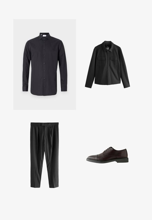 Juoda striukė tiesiu kirpimu, su apykakle, priekiniais užtrauktukais ir dviem krūtinės kišenėmis. Lygi medžiaga su matinio paviršiaus apdaila.; Juodas ilgomis rankovėmis marškiniai, pagaminti iš lygaus audinio, su mygtukų priekiniu užsegimu, kampuota apykakle ir mygtukais užsegamomis rankovėmis.; Next REGULAR FIT -CHECK SMART - Chino stiliaus kelnės - black; Tamsiai burgundiškai raudonos odinės švarkinės bateliai su apvalia nosimi, plokščiu juodu padu, minimaliais siuvinėjimo detalėmis ir lygiu paviršiumi.