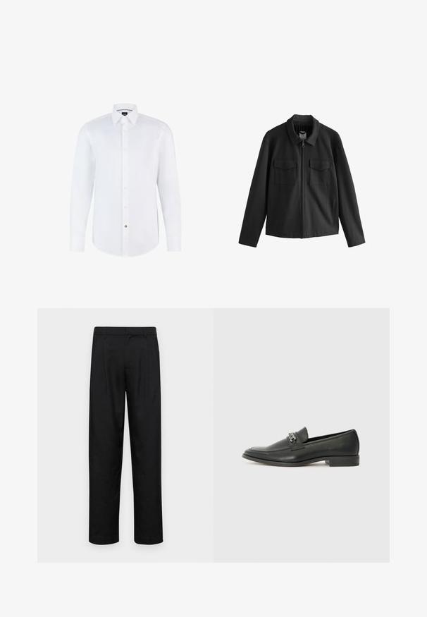 Schwarze Jacke mit geradem Schnitt, featuring einen Kragen, einen Frontreißverschluss und zwei Brusttaschen. Glattes Gewebe mit matter Oberfläche.; Weißes Hemd mit langen Ärmeln aus glattem Stoff, mit Knopfleiste, spitzem Kragen und abgerundetem Saum. Auffälliger Markenschalterakzent.; Schwarze Hose aus glattem Stoff, mit geradem Bein Design, zwei vorderen Falten und einem Standardbund mit Gürtelschlaufen.; Schwarzer Lederloafer mit glatter Oberfläche, ausgestattet mit einer gesteppten Gestaltung und einem dekorativen Metallkettendetail über dem Vorderblatt. Flacher Absatz.
