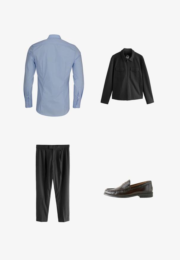 Črn plašč z ravnim krojem, featuring ovratnik, sprednji zadrgo in dvema žepoma na prsih. Gladek material z mat površino.; Svetlo modra majica z dolgimi rokavi in ovratnikom na gumbe, ki ima gladko teksturo in prilegajoč dizajn, prikazuje bele detajle z gumbi.; Next REGULAR FIT -CHECK SMART - Hlače chino - black; Rjave usnjene loafers čevlje s gladko površino, šivano podrobnostjo, nizko peto in zaobljenim prstom. Podplat je črn gumijast za boljši oprijem.
