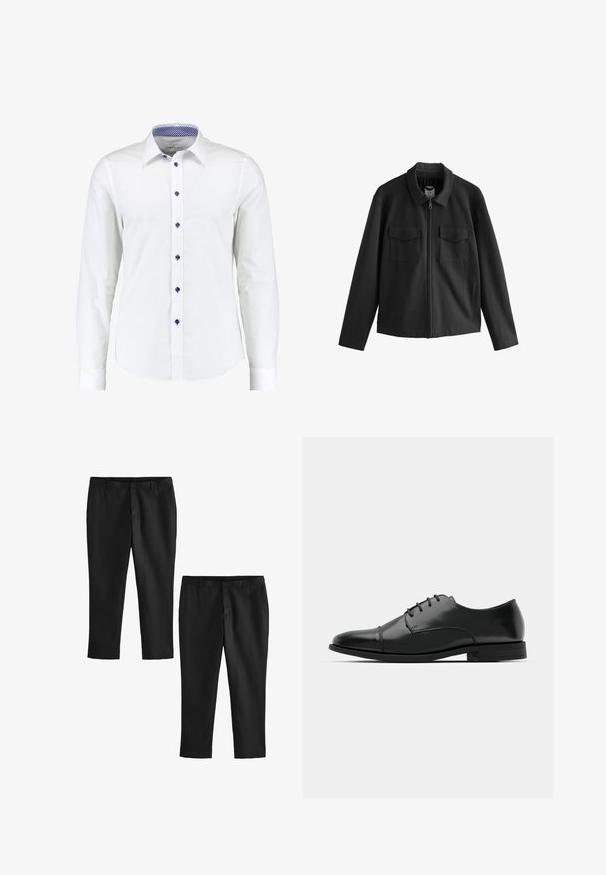 Črn plašč z ravnim krojem, featuring ovratnik, sprednji zadrgo in dvema žepoma na prsih. Gladek material z mat površino.; Bela srajca z dolgimi rokavi in ovratnikom, ki se zapenja z gumbi, z modrimi dodatnimi gumbi in modrim karirastim vzorcem znotraj ovratnika.; Črne krojene hlače z gladko teksturo, z ravnimi nogami in pasom srednje višine. Prikazani sta dva para, ena skrajšana.; Črne usnjene moške čevlje z zaobljenim nosom, s sistemom vezalk, diskretnimi šivi in nizkih petah. Gladka tekstura s sijočim zaključkom.