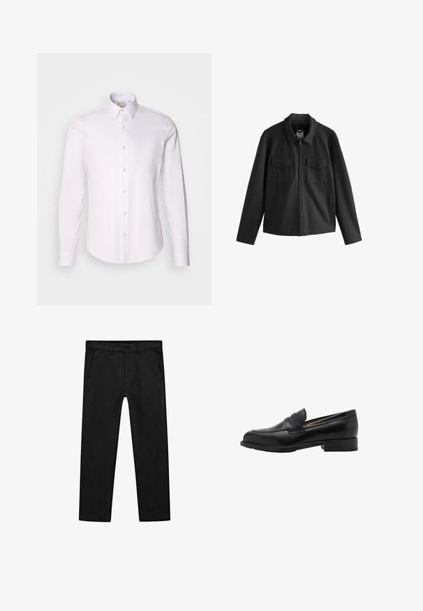 Sort jakke med lige snit, der har krave, frontlynlås og to brystlommer. Glat stof med mat finish.; Hvid langærmet skjorte lavet af glat stof med skjortekrave, der har fuld knaplukning og afrundet nederste kant.; Sorte bomuldsbukser med lige ben, forlommer og en klassisk knaplukning med lynlås. Glat tekstur, skræddersyet pasform.; Sorte læder loafers med en syet front og flad hæl. Glat tekstur med en afrundet tå og en dekorativ rem hen over vristen.
