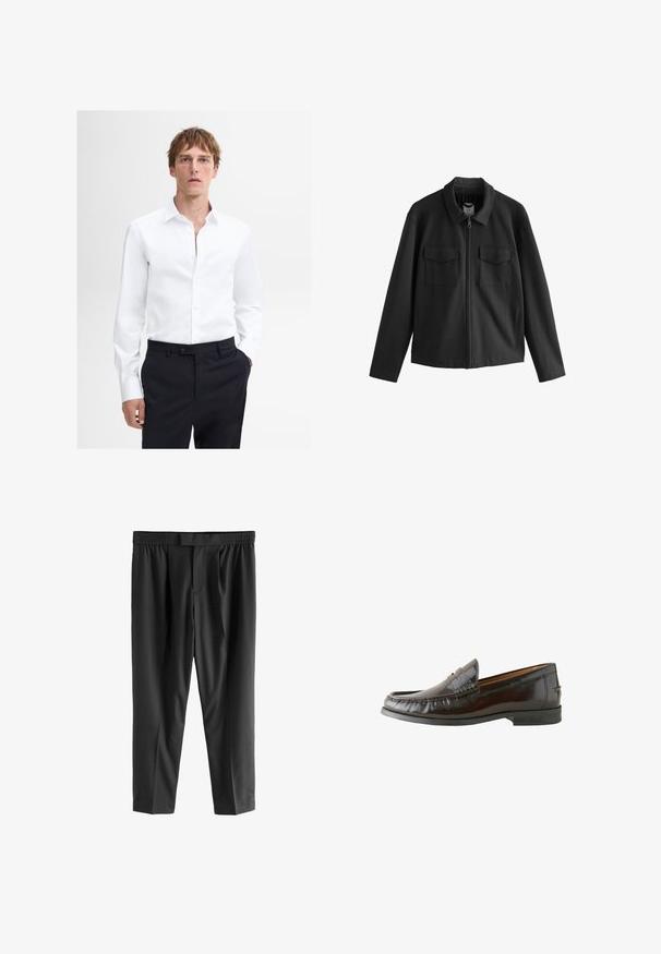 Schwarze Jacke mit geradem Schnitt, featuring einen Kragen, einen Frontreißverschluss und zwei Brusttaschen. Glattes Gewebe mit matter Oberfläche.; Weißes Langarmhemd mit Button-Down-Kragen und Knopfleiste, getragen mit dunklen, taillierten Hosen. Glattes Material, sauberes Design.; Next REGULAR FIT -CHECK SMART - Chino - black; Braune Lederloafer mit glatter Oberfläche, gestickten Details, einem niedrigen Absatz und einer abgerundeten Spitze. Die Sohle ist aus schwarzem Gummi für besseren Halt.