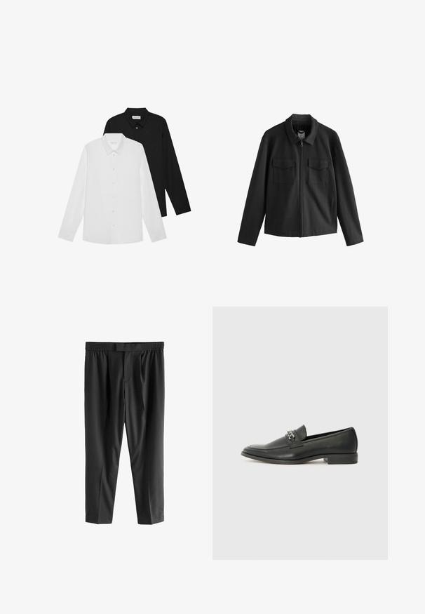 Zwarte jas met een rechte snit, voorzien van een kraag, een rits aan de voorkant en twee borstzakken. Glad materiaal met een matte afwerking.; Witte en zwarte langemouwen shirts met puntige kraag, knopen aan de voorkant en een gladde stoftextuur. Labels zichtbaar aan de binnenkant van de hals.; Next REGULAR FIT -CHECK SMART - Chino - black; Zwarte leren instapper met een gladde afwerking, voorzien van een gestikt ontwerp en een decoratieve metalen kettingaccent over de wreef. Platte hak.