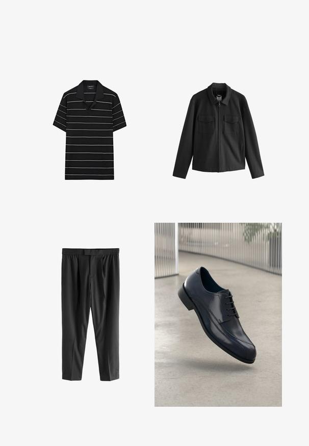 Černá bunda se rovného střihu, s klopovým límcem, předním zipem a dvěma náprsními kapsami. Hladká tkanina s matným povrchem.; Černé polokošile s krátkým rukávem a bílými horizontálními pruhy, s výstřihem ve tvaru V a texturovanou tkaninou.; Next REGULAR FIT -CHECK SMART - Chino kalhoty - black; Lesklá černá kožená společenská obuv s tkaničkami, plovoucí nad hladkým, světle šedým podlahovým povrchem a s vertikálními kovovými pruty v pozadí.