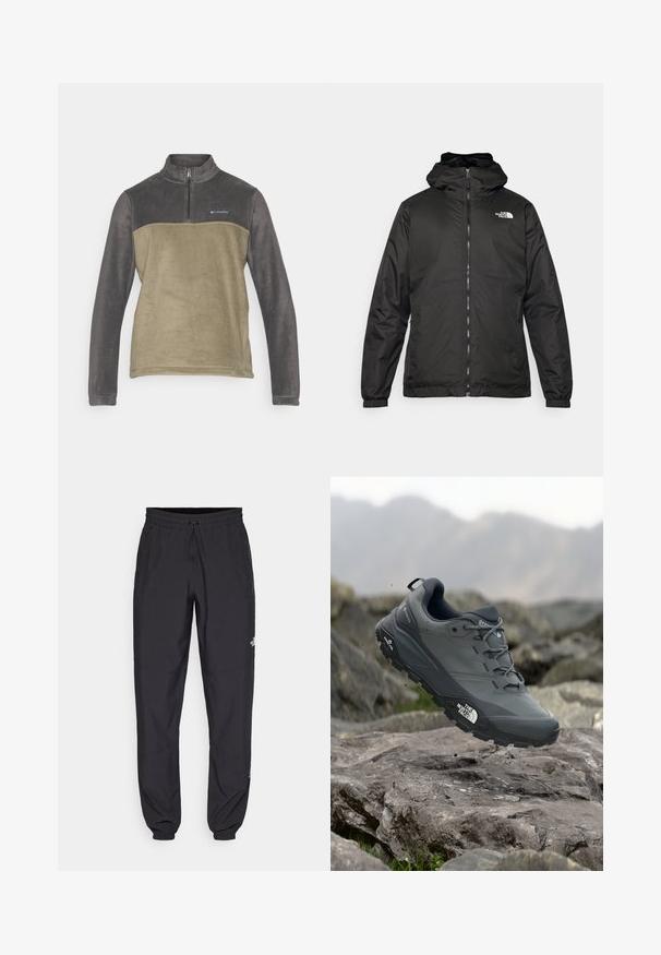 Černá kapucínová bunda The North Face s předním zipem, elastickými manžetami a logem na horní levé části hrudi na bílém pozadí.; Columbia STEENS MOUNTAIN™ HALF ZIP - Fleecová mikina - shark/stone green; Černé sportovní kalhoty vyrobené z lehké tkaniny, s páskem na šňůrku, bočními kapsami a zúženými manžetami na kotnících.; Šedá trailová běžecká bota s texturovaným svrškem, odolnou gumovou podrážkou a vyztuženou špičkou. Obsahuje tkaničky a logo značky na straně.