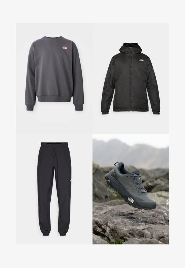 Jacket preta com capuz da The North Face, com fecho éclair na frente, punhos elásticos e logotipo no canto superior esquerdo do peito, em fundo branco.; Sweatshirt cinza feito de uma mistura de algodão, com decote redondo e punhos e barra canelados. Apresenta um pequeno logotipo rosa na parte superior esquerda do peito.; Calças atléticas pretas feitas de tecido leve, com um cós ajustável por cordão, bolsos laterais e punhos afunilados nos tornozelos.; Sapatilha de corrida em trilhos cinza com um cabedal texturizado, sola de borracha durável e ponteira reforçada. Apresenta atacadores e o logótipo da marca de lado.