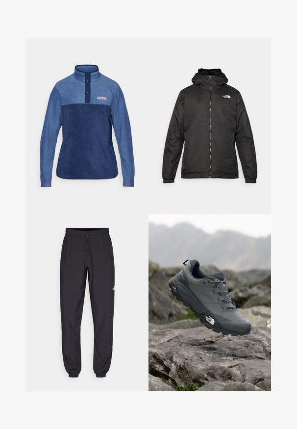 Black The North Face hooded jacket with front zipper, elastic cuffs, and logo on the upper left chest against a white background.; Fleece pullover in shades of blue with a high collar, four-button placket, and a chest logo patch, featuring a soft, textured finish.; Black athletic pants made from lightweight fabric, featuring a drawstring waistband, side pockets, and tapered cuffs at the ankles.; Grey trail running shoe with a textured upper, durable rubber sole, and reinforced toe cap. Features laces and brand logo on the side.