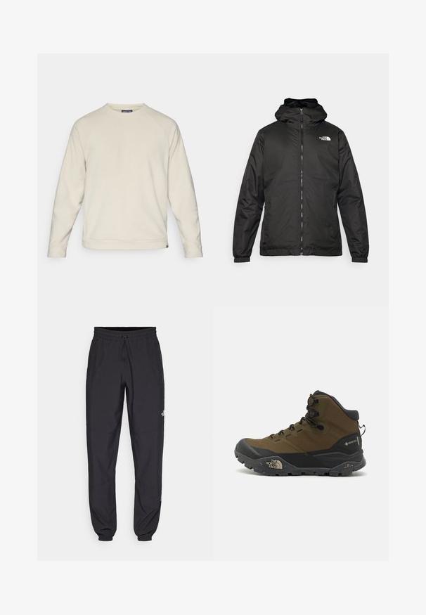 Must esine The North Face must kapuutsiga jakk, millel on esizipp, elastsed mansetid ja logo vasakul ülemisel rinnal valge tausta ees.; Helebeige sweatshirt, mille on ümar kaelus, raglan varrukad ja tekstuurne kangas. Hemline on veidi lühem ning ühel küljel on logo.; Mustavad sportlikud püksid, mis on valmistatud kergest kangast, joonlauaga taljest, küljetaskudega ja kitsenevate varrukatega pahkluude juures.; Veekindlad matkajalanõud tumerohelises ja mustas värvitoonis, millel on struktureeritud ülemine osa, vastupidav tall ja tugevdatud varvas.