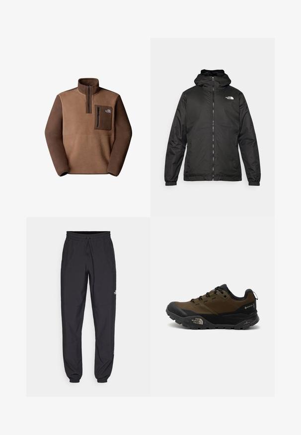 Svart The North Face hettegenser med frontglidelås, elastiske mansjetter, og logo på øvre venstre bryst mot en hvit bakgrunn.; Fleece-pullover i brune toner med glidelås i halsen, med en brystlomme og The North Face-logoen øverst til venstre.; Sorte idrettsbukser laget av lett stoff, med snor i livet, sidelommer og smale mansjetter ved anklene.; Lette, brune og svarte terrengsko med vanntett Gore-Tex overdel, robust såle og slitesterk konstruksjon for utendørsaktiviteter.