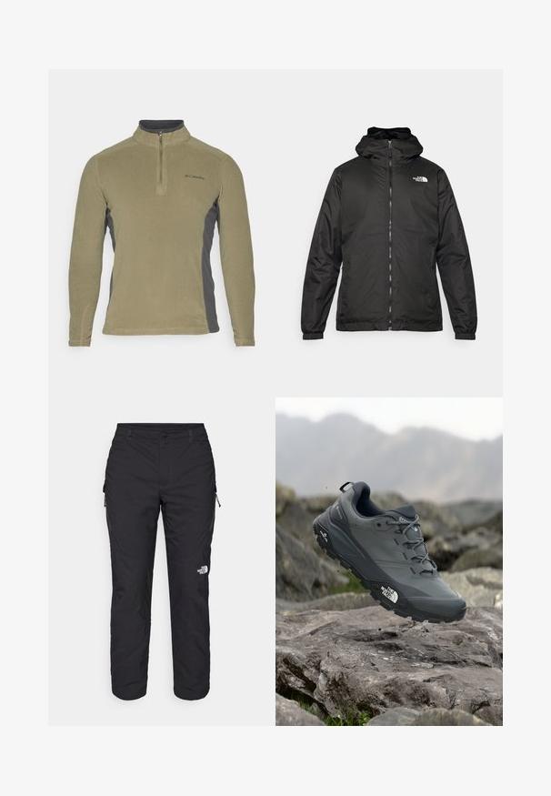 Black The North Face hooded jacket with front zipper, elastic cuffs, and logo on the upper left chest against a white background.; Fleece pullover in olive green with dark gray side panels, mock neck, and front zip closure. Features a small logo on the chest.; The North Face WINTER EXPLORATION TAPERED CARGO - Outdoor trousers - black; Grey trail running shoe with a textured upper, durable rubber sole, and reinforced toe cap. Features laces and brand logo on the side.