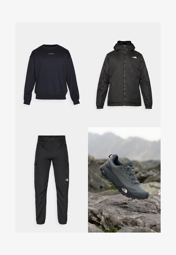 Fekete The North Face kapucnis dzseki elülső zipzárral, elasztikus mandzsettákkal és logóval a bal felső mellkason, fehér háttér előtt.; Sötét tengerész kék pulóver, puha anyagból készült, lekerekített nyakkivágással, hosszú ujjakkal és egy kis logóval a középen. Rugalmas mandzsetták és derékpánt.; The North Face HORIZON PANT - Szabadtéri nadrágok - black; Szürke terepfutó cipő, texturált felsőrésszel, tartós gumitalppal és megerősített orr résszel. Fekete fűzők és márka logó a cipő oldalán.