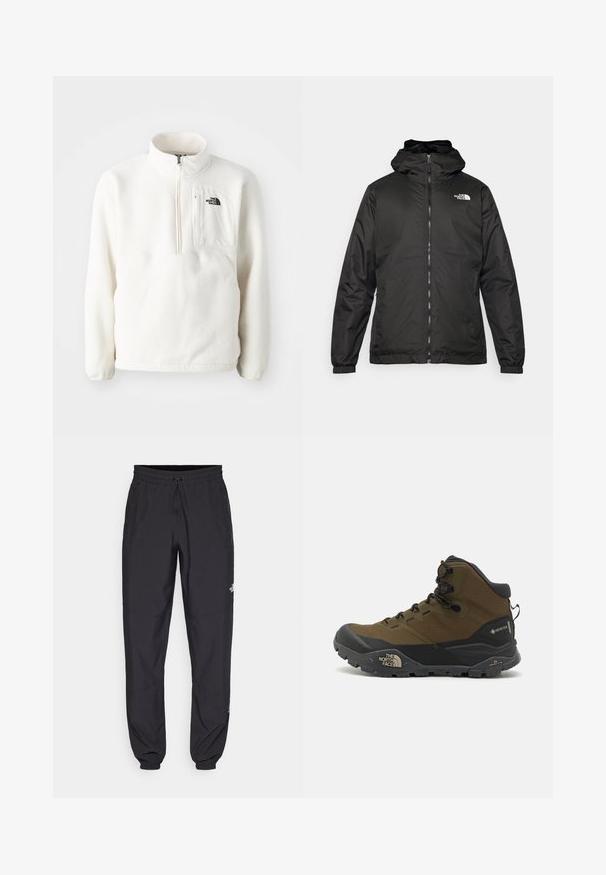 Melnā The North Face kapuce jaka ar priekšējo rāvējslēdzēju, elastīgām piedurknēm un logo augšējā kreisajā krūtī uz balta fona.; Balts vilnas džemperis ar rāvējslēdzēja apkakli, ar priekšējo kabatu un logotipu uz krūtīm. Mīksta tekstūra un brīva piegriezuma.; Melni sporta bikses, kas izgatavotas no viegla auduma, ar savelcamu jostu, sānu kabatām un sašaurinātiem apakšējiem galiem pie potītēm.; Ūdensnecaurlaidīgi pārgājienu zābaki tumši olīvzaļā un melnā krāsā, ar teksturētu virspusi, izturīgu zoli un pastiprinātu pirkstu daļu.