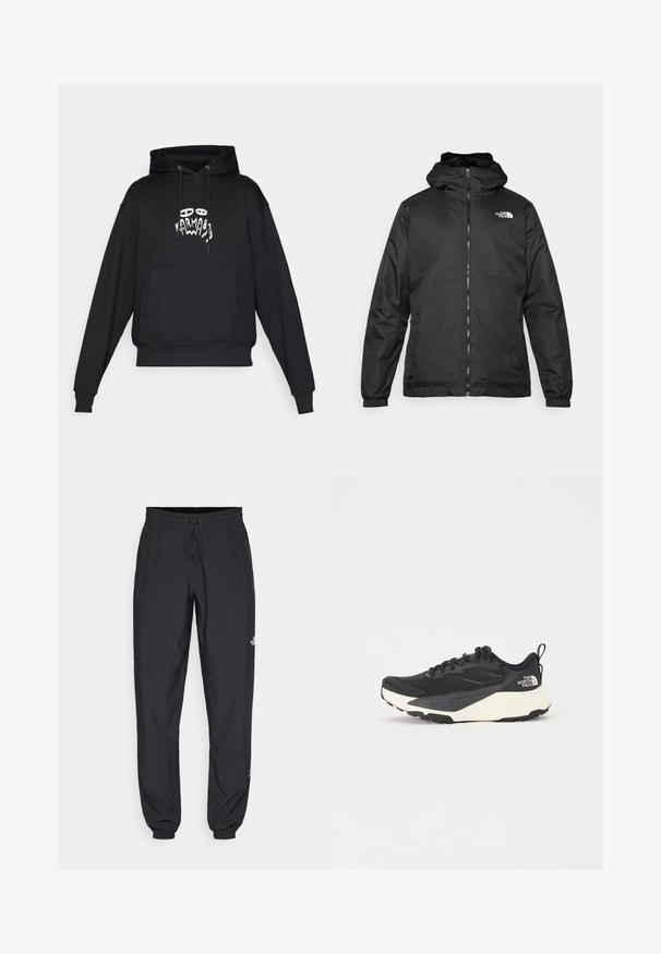 Veste à capuche The North Face noire avec fermeture éclair à l'avant, poignets élastiques et logo sur le haut de la poitrine gauche sur fond blanc.; Sweat à capuche noir avec poche avant, cordon de serrage à la capuche, et graphique abstrait blanc représentant un visage et une main centré sur la poitrine.; Pantalon de sport noir en tissu léger, avec une taille à cordon, des poches latérales et des chevilles resserrées.; Chaussure de sport noire avec une tige en mesh texturé, accents noirs solides et semelle extérieure légère blanche. Dispose d'un système de laçage et d'une tirette.