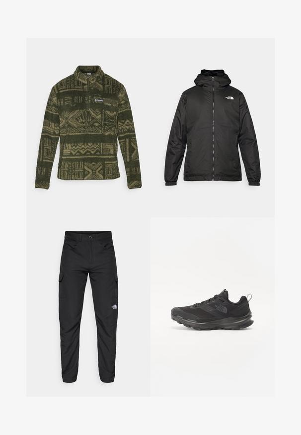 Sort The North Face hættejakke med frontlynlås, elastiske manchetter og logo på øverste venstre bryst mod en hvid baggrund.; Olivengrønt mønstret fleece-pullover med halv lynlås og Columbia-logo på brystlommen.; The North Face HORIZON PANT - Outdoorbukser - black; Sort atletisk sko med mesh-overdel, gummisål og polstret krave. Har snørebånd, logo på siden og et tekstureret design.