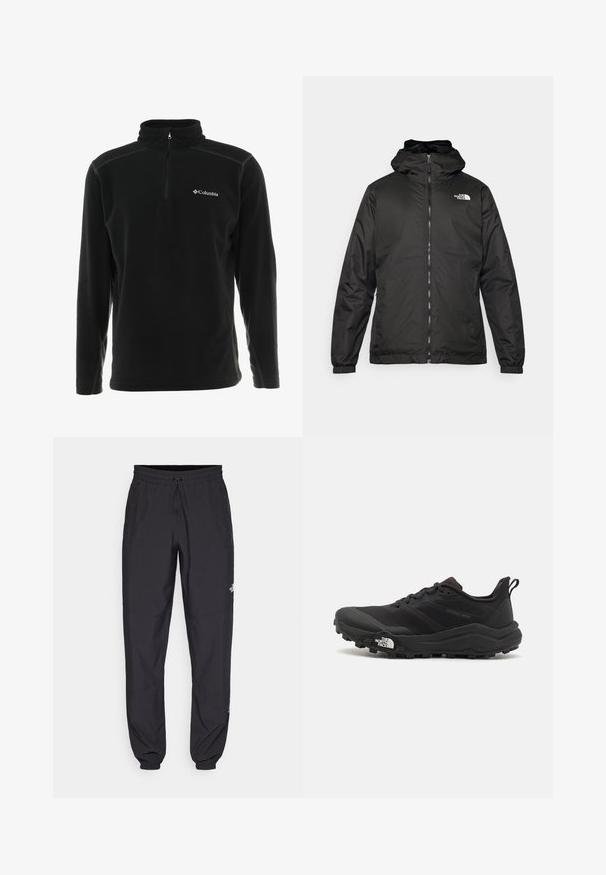 Fekete The North Face kapucnis dzseki elülső zipzárral, elasztikus mandzsettákkal és logóval a bal felső mellkason, fehér háttér előtt.; Fekete polár pulóver magas gallérral és negyed cipzárral. Bal mellen elhelyezett logóval és kontrasztos varrási részletekkel rendelkezik.; Fekete sportnadrág, könnyű anyagból készült, húzózsinóros derékkal, oldalsó zsebekkel és szűkített szárakkal a bokáknál.; Fekete terepfutó cipő, textúrált felső résszel, gumitalppal és megerősített lábujjrészével. Párnázott bokarésszel és húzófüllel rendelkezik a könnyű felhúzáshoz.