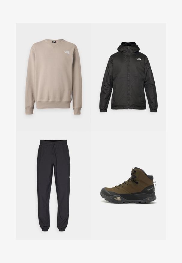 Chaqueta con capucha de The North Face en negro, con cremallera frontal, puños elásticos y logo en la parte superior izquierda del pecho, sobre un fondo blanco.; Sudadera beige hecha de una mezcla de algodón. Cuenta con un cuello, puños y dobladillo acanalados; logo en blanco en la parte delantera izquierda. Corte clásico y relajado.; Pantalones deportivos negros hechos de un tejido ligero, con una cinturilla ajustable, bolsillos laterales y puños ajustados en los tobillos.; Botas de senderismo impermeables en verde olivo oscuro y negro, con un upper texturizado, suela resistente y puntera reforzada.