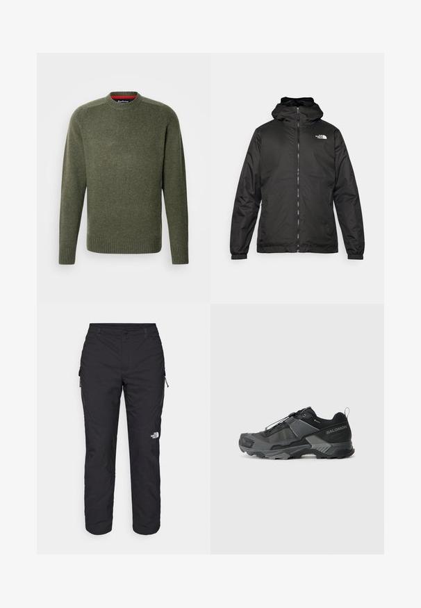 Black The North Face hooded jacket with front zipper, elastic cuffs, and logo on the upper left chest against a white background.; Green knit sweater featuring a round neckline and ribbed cuffs, with a subtle texture and embroidery detail near the neckline.; The North Face WINTER EXPLORATION TAPERED CARGO - Outdoor trousers - black; Black trail running shoe with a durable mesh upper, reinforced toe cap, textured rubber sole, and elastic lacing system for secure fit.