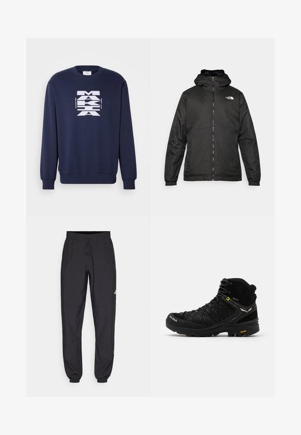 Svart The North Face hettegenser med frontglidelås, elastiske mansjetter, og logo på øvre venstre bryst mot en hvit bakgrunn.; Marineblå sweatshirt laget av bomull, med et stort hvitt grafisk trykk på forsiden. Lange ermer med ribbestrikkede mansjetter og nederkant.; Sorte idrettsbukser laget av lett stoff, med snor i livet, sidelommer og smale mansjetter ved anklene.; Svarte tursko med teksturert overdel, forsterket tå og Vibram såle. Snøresystemet inkluderer kroker for en sikker passform.