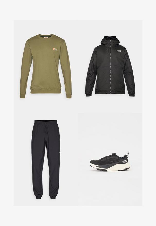 Jacket preta com capuz da The North Face, com fecho éclair na frente, punhos elásticos e logotipo no canto superior esquerdo do peito, em fundo branco.; Sweatshirt de mangas compridas em verde oliva, feito de algodão suave, com um pequeno logótipo cosido no peito e punhos e bainha canelados.; Calças atléticas pretas feitas de tecido leve, com um cós ajustável por cordão, bolsos laterais e punhos afunilados nos tornozelos.; Sapatilha atlética preta com parte superior em malha texturada, detalhes pretos sólidos e sola leve branca. Apresenta fecho com atacadores e alça de puxar.