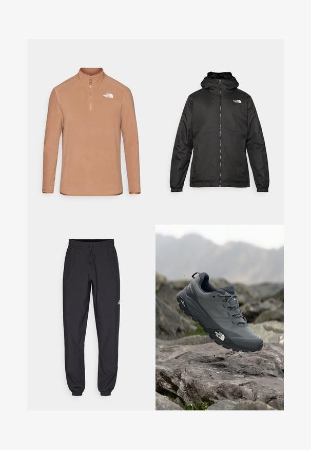 Chaqueta con capucha de The North Face en negro, con cremallera frontal, puños elásticos y logo en la parte superior izquierda del pecho, sobre un fondo blanco.; Sudadera de forro polar marrón con cuello alto, media cremallera y mangas largas. Presenta un logotipo blanco en el lado izquierdo del pecho y una textura suave.; Pantalones deportivos negros hechos de un tejido ligero, con una cinturilla ajustable, bolsillos laterales y puños ajustados en los tobillos.; Zapatilla de trail running gris con parte superior texturizada, suela de goma duradera y puntera reforzada. Cuenta con cordones y logo de la marca en el lateral.