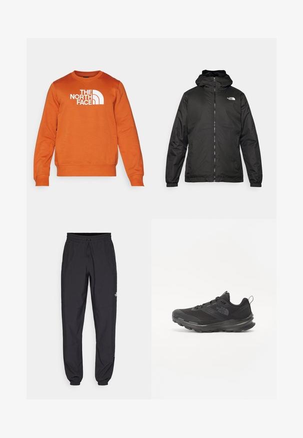 Fekete The North Face kapucnis dzseki elülső zipzárral, elasztikus mandzsettákkal és logóval a bal felső mellkason, fehér háttér előtt.; The North Face M DREW PEAK REGULAR CREW - Melegítőfelső - earthen copper; Fekete sportnadrág, könnyű anyagból készült, húzózsinóros derékkal, oldalsó zsebekkel és szűkített szárakkal a bokáknál.; Fekete sportcipő hálós felsőrésszel, gumitalppal és párnázott gallérral. Fűzős, oldalán logóval és textúrázott dizájnnal rendelkezik.