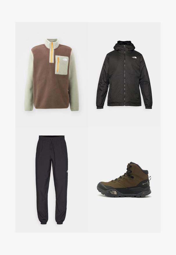 Czarna kurtka z kapturem The North Face z zamkiem błyskawicznym z przodu, elastycznymi mankietami i logo na górnej lewej stronie klatki piersiowej na białym tle.; The North Face YUMIORI brązowy; Czarne spodenki sportowe wykonane z lekkiego materiału, z elastycznym pasem na sznurek, bocznymi kieszeniami i zwężanymi mankietami przy kostkach.; Wodoszczelne buty trekkingowe w ciemnooliwkowym i czarnym kolorze, z teksturowaną cholewką, wytrzymałą podeszwą i wzmocnionym przodem.
