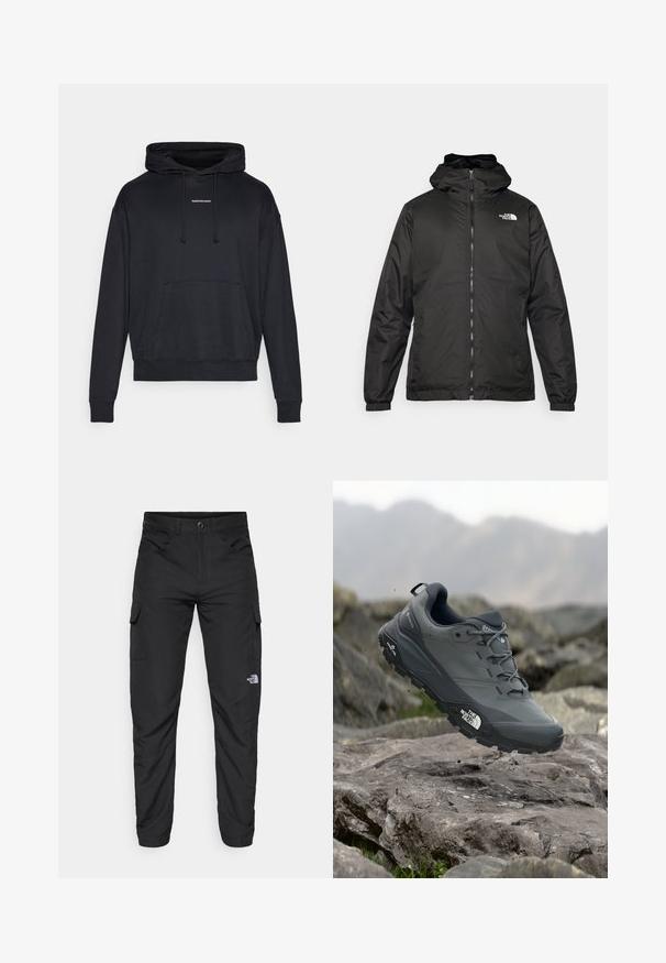 Svart The North Face hettegenser med frontglidelås, elastiske mansjetter, og logo på øvre venstre bryst mot en hvit bakgrunn.; Svart hettegenser laget av bomullsblanding. Har en frontlomme, snører og en liten hvit logo på brystet. Avslappet passform.; The North Face HORIZON PANT - Friluftsbukser - black; Grå terrengløpesko med en teksturert overdel, slitesterk gummisåle og forsterket tåhette. Inkluderer snørebånd og merkevarelogo på siden.