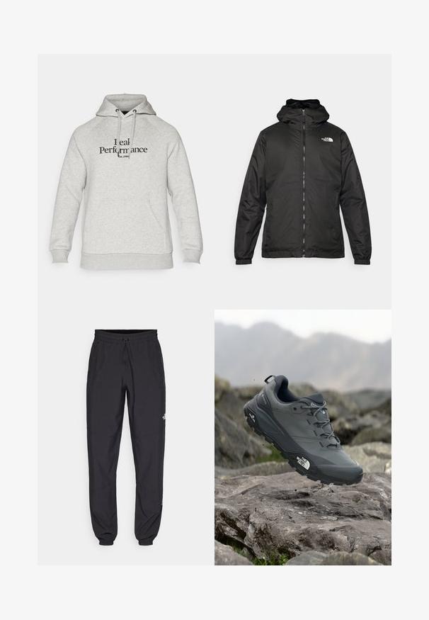 Melnā The North Face kapuce jaka ar priekšējo rāvējslēdzēju, elastīgām piedurknēm un logo augšējā kreisajā krūtī uz balta fona.; Pelēks kapuce ar saistēm, rāvējslēdzējiem piedurknēm, priekšējo kabatu un melnā krāsā izdrukātu "Reāla veiktspēja" tekstu. Mīksts auduma tekstūra.; Melni sporta bikses, kas izgatavotas no viegla auduma, ar savelcamu jostu, sānu kabatām un sašaurinātiem apakšējiem galiem pie potītēm.; Pelēki skrējēju apavi ar teksturētu virsu, izturīgu gumijas zoli un pastiprinātu pirkstu daļu. Iekļauj šņores un zīmola logo sānos.