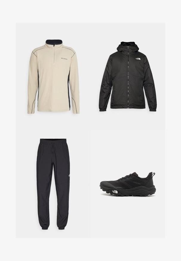 Melnā The North Face kapuce jaka ar priekšējo rāvējslēdzēju, elastīgām piedurknēm un logo augšējā kreisajā krūtī uz balta fona.; Bežs flīsa pulovers ar melnu sānu paneli, ceturtdaļas rāvējslēdzēja priekšpusi un kontrastējošām šuvēm. Iezīmēts ar nelielu logotipu uz krūtīm.; Melni sporta bikses, kas izgatavotas no viegla auduma, ar savelcamu jostu, sānu kabatām un sašaurinātiem apakšējiem galiem pie potītēm.; Melnas taku skriešanas kurpes ar teksturētu virsu, gumijas zoli un pastiprinātu pirkstu daļu. Aprīkotas ar mīkstu apkakli un vilkšanas cilpu, lai viegli uzvilktu.