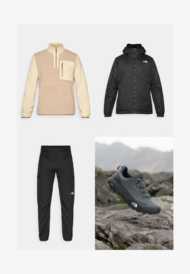 Černá kapucínová bunda The North Face s předním zipem, elastickými manžetami a logem na horní levé části hrudi na bílém pozadí.; Fleece mikina v hnědé a krémové barvě s polovičním zipem, přední kapsou na hrudi se zipem a logem na kapse. Měkká textura.; The North Face HORIZON PANT - Outdoorové kalhoty - black; Šedá trailová běžecká bota s texturovaným svrškem, odolnou gumovou podrážkou a vyztuženou špičkou. Obsahuje tkaničky a logo značky na straně.