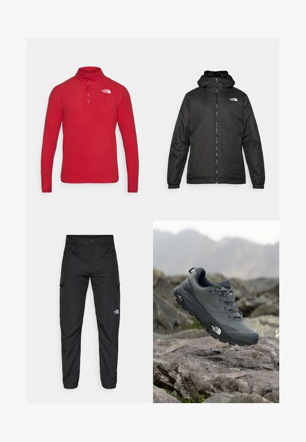 Melnā The North Face kapuce jaka ar priekšējo rāvējslēdzēju, elastīgām piedurknēm un logo augšējā kreisajā krūtī uz balta fona.; The North Face GLACIER 1/4 ZIP - Flīsa džemperis - garnet red; The North Face HORIZON PANT - Āra bikses - black; Pelēki skrējēju apavi ar teksturētu virsu, izturīgu gumijas zoli un pastiprinātu pirkstu daļu. Iekļauj šņores un zīmola logo sānos.