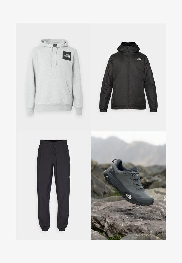 Črna kapuca jakna The North Face z sprednjim zadrgo, elastičnimi manšetami in logotipom na zgornjem levem prsnem delu na belem ozadju.; Siva kapuca iz mešanice bombaža, ima kengurjo žep, kapuco s vrvico in črn logotip na prsih.; Črne atletske hlače iz lahkega materiala, ki imajo elastični pas z vezalko, stranske žepe in zožene manšete na gležnjih.; Sive teka za trail tek, z teksturirano zgornjimi deli, trpežnim gumijastim podplatom in ojačanim kapico za prste. Ima vezi in logotip blagovne znamke na strani.