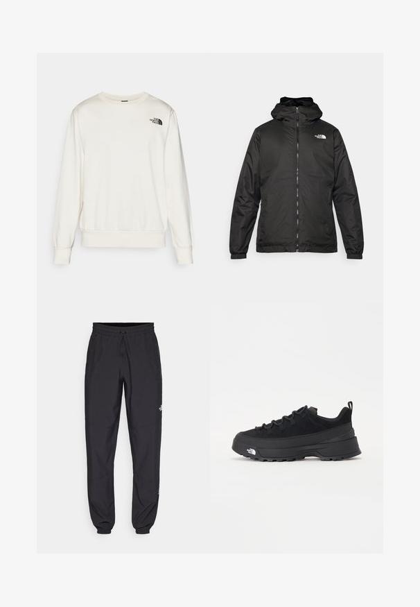 Melnā The North Face kapuce jaka ar priekšējo rāvējslēdzēju, elastīgām piedurknēm un logo augšējā kreisajā krūtī uz balta fona.; Balta sporta krekls, kas izgatavots no mīksta auduma, ar apaļu kakla izgriezumu, garām piedurknēm, ribotām aprocēm un melnu logo kreisajā krūtī.; Melni sporta bikses, kas izgatavotas no viegla auduma, ar savelcamu jostu, sānu kabatām un sašaurinātiem apakšējiem galiem pie potītēm.; Melni āra sporta apavi ar zamšādas virsu, teksturētu gumijas zoli un izturīgu auklu sistēmu. Iezīmēts ar pastiprinātu papēdi un zīmola logo sānu daļā.